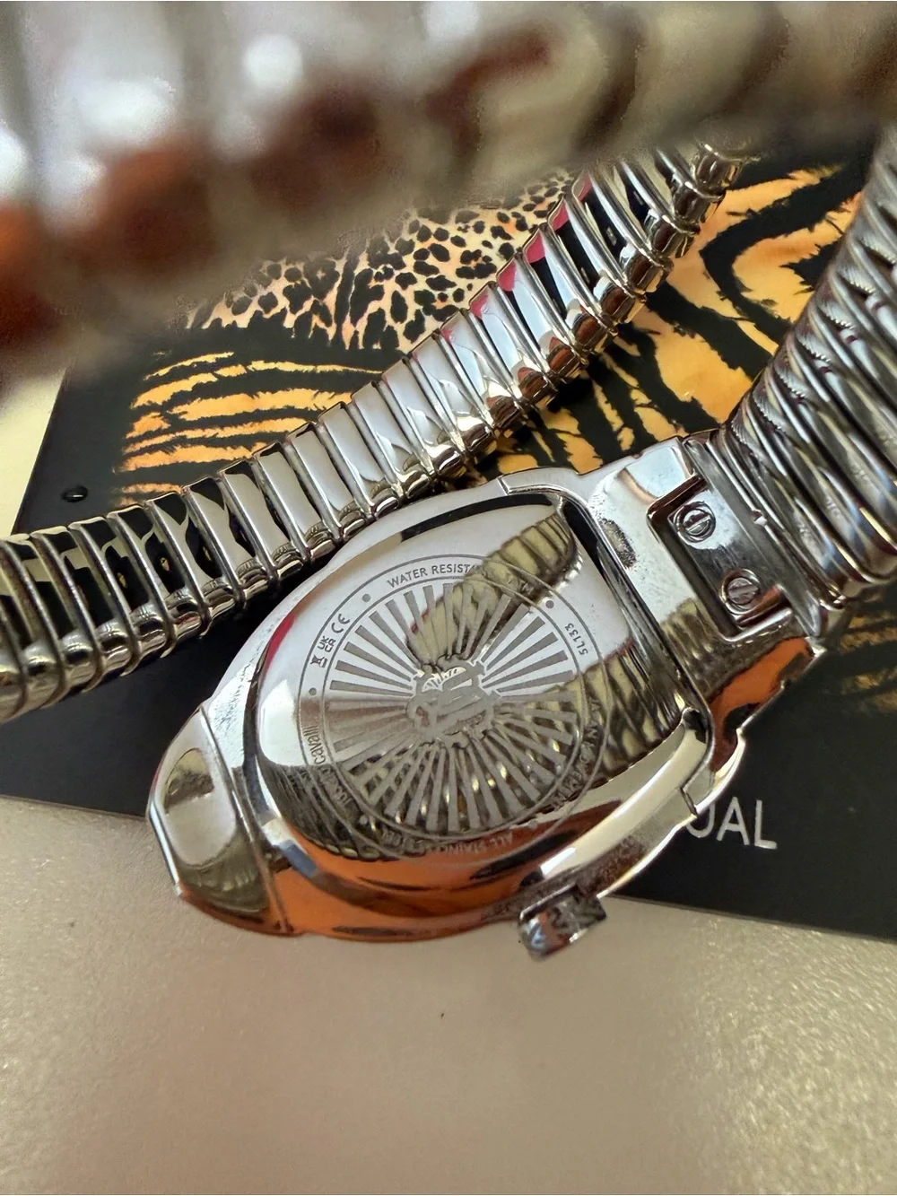Roberto Cavalli Snake Wrap Watch Blue Dial Silver Crystal Box